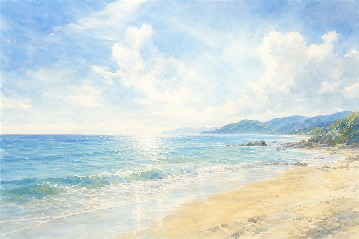 水彩で描かれた夏の海。青い空と白い雲、光る波と砂浜