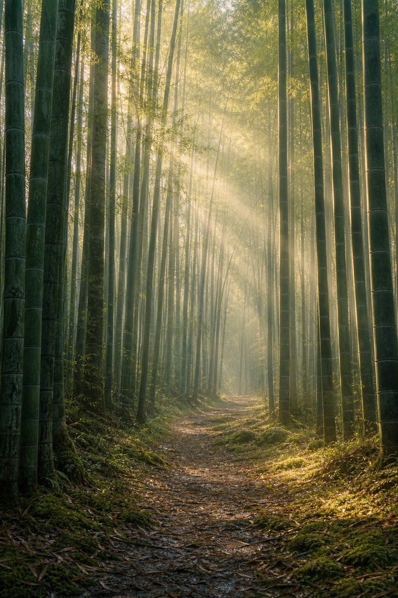 朝の光が差しこむ竹林の小道の写真風の一枚