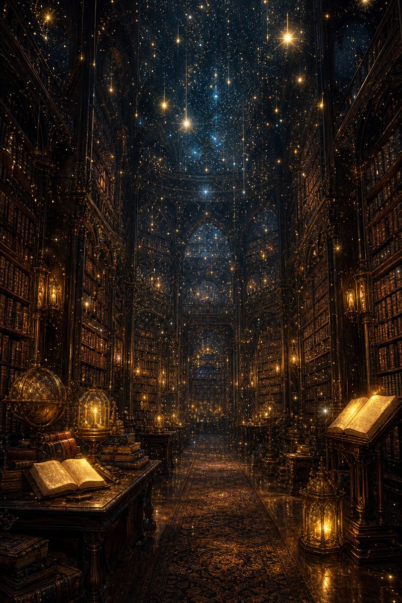 星が降る夜の図書館を描いた幻想的なイラスト