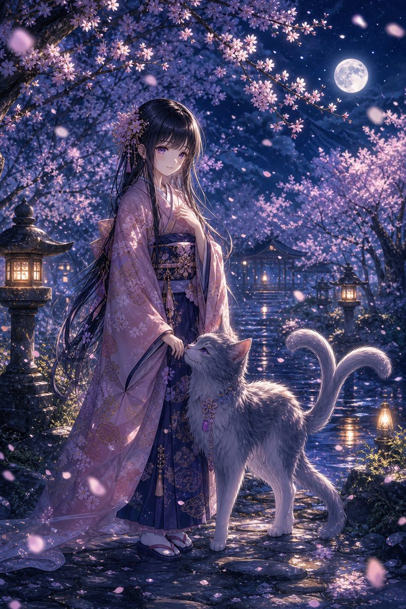 夜桜の小路で着物の少女と猫又が寄り添うイラスト