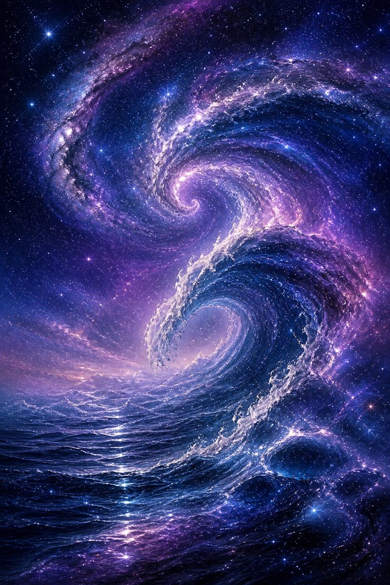 宇宙と海がつながる幻想的な風景のイラスト