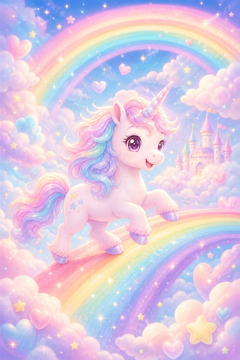 虹の上をかけるユニコーンの子どものパステルイラスト