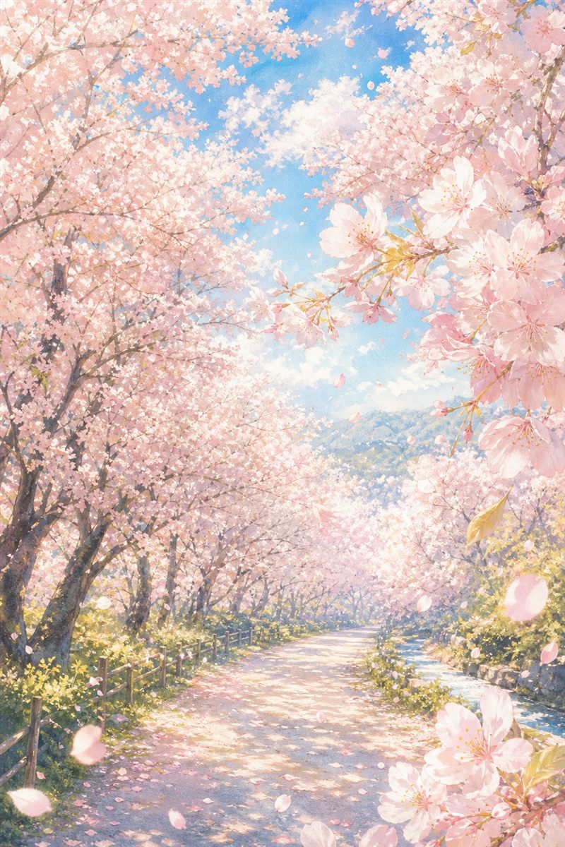 満開の桜を描いた明るい水彩画