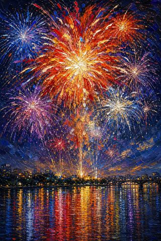 夜空に咲く大輪の花火の油彩画