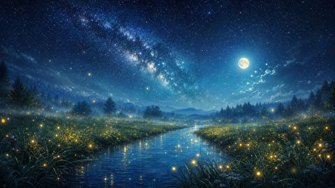 蛍と天の川の夏の夜