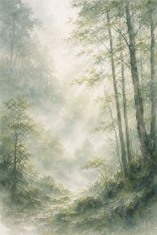 朝もやに包まれた森の水彩画