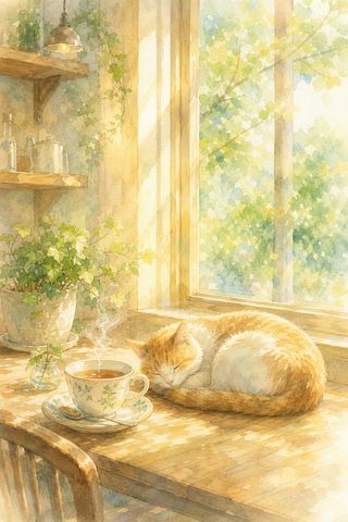 窓辺で眠る猫の水彩絵本画