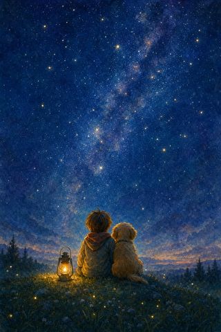 星空を見上げる子どもと犬