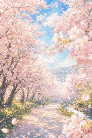満開の桜並木の水彩画