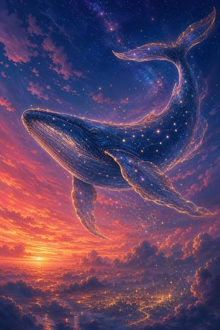 星をまとい夕暮れの空を泳ぐ大きなクジラ