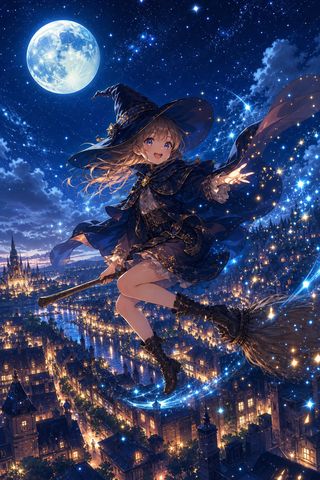 夜の街の上をほうきで飛ぶ魔法使いの少女