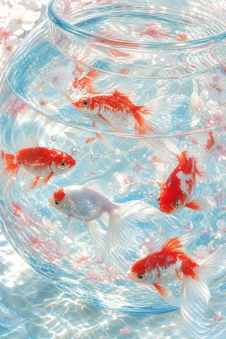 ガラス鉢の中を泳ぐ赤白の金魚