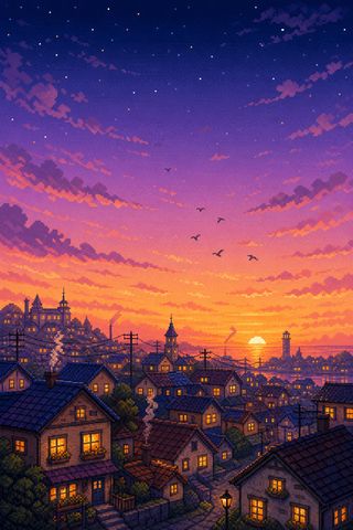 ドット絵の夕暮れの街並み