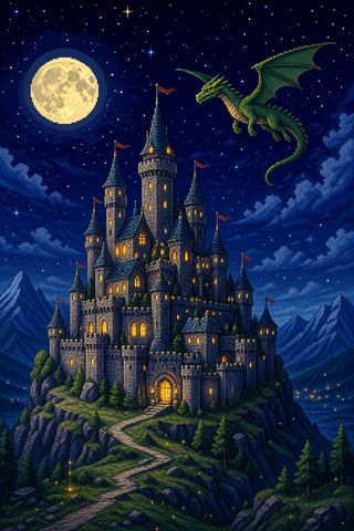 8bitファンタジーの城とドラゴンのドット絵