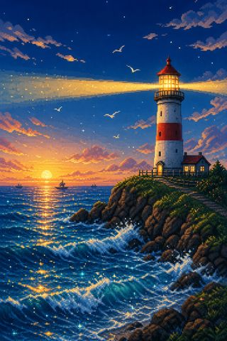 夕暮れの海と灯台のドット絵